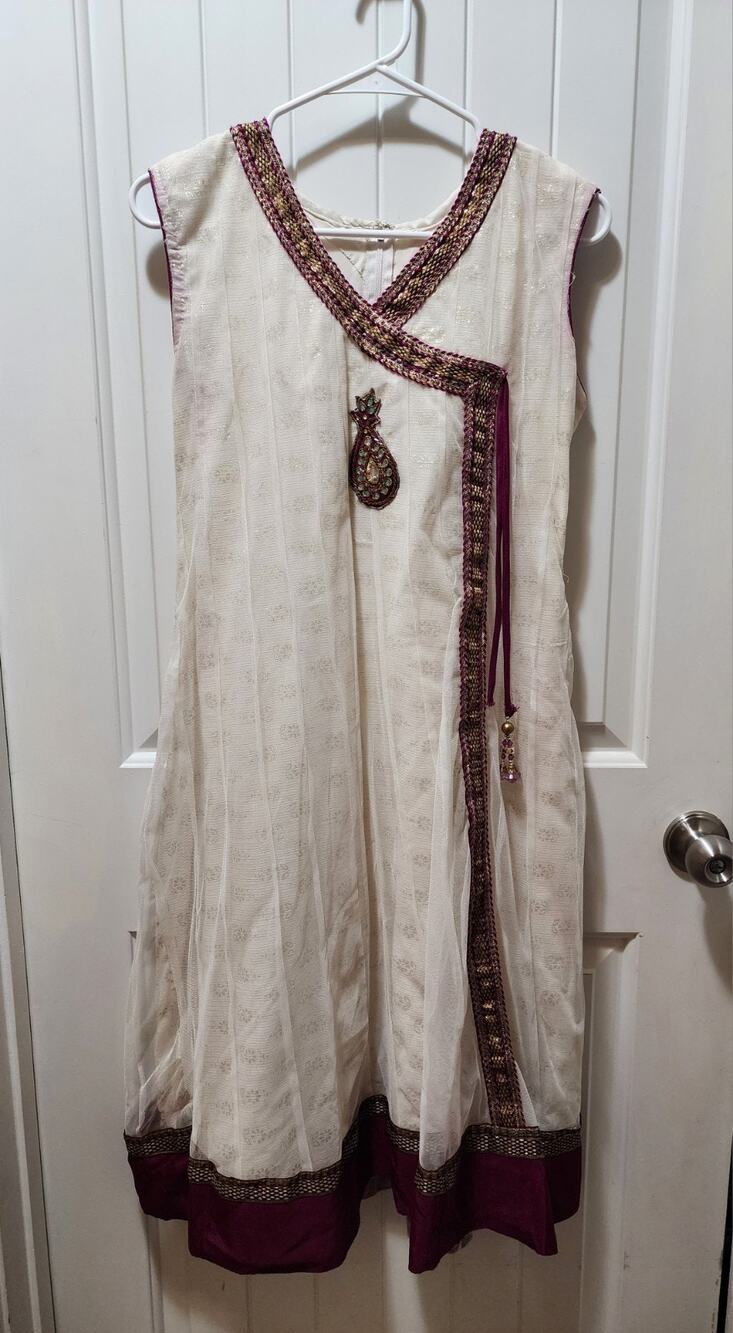 Handmade Anarkali Style Kameez Cream Golden Pakistan India Dress Embellished S